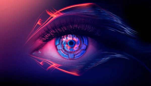 Kadın Gözünün Biyometrik Taramasını Kapat Modern Sanal Gerçeklik Kavramı Neon — Stok fotoğraf