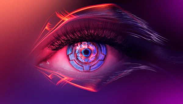 Close Biometric Scan Female Eye Concept Modern Virtual Reality Neon — Stock Photo, Image
