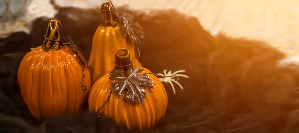 Halloween background with pumpkins. Decorative pumpkins for setting the festive table. Orange pumpkins, cobwebs, autumn leaves in a vase.