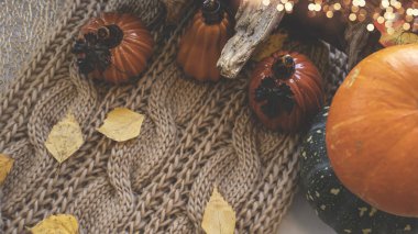 Sonbahar arkaplanı kuru yapraklar, mavi bir fincan kahve. Örgü arka plan, balkabağı, Ekim, Kasım. Sonbahar atmosferi. Sonbahar mevsimi.