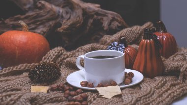 Sonbahar arkaplanı, kahve, örgü eşarp, balkabağı. Sonbahar kahvesi, kuru yapraklar. Sezon Ekim, Kasım.
