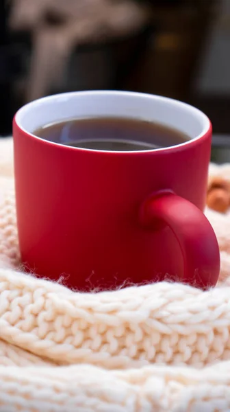 Autumn background with a red cup of coffee, tea, on the window, knitted scarf. Autumn coffee, dry leaves. Season October, November. Close-up.