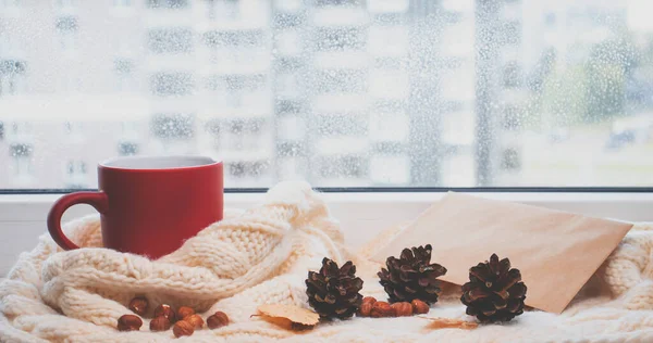 Autumn Background Red Cup Coffee Tea Window Knitted Scarf Autumn — Stock Photo, Image