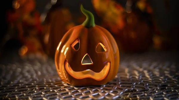 Neon Glowing Pumpkin Head Abstract Blurred Bokeh Background Festive Halloween — Stock Photo, Image