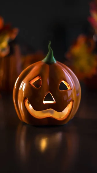 Neon Glowing Pumpkin Head Abstract Blurred Bokeh Background Festive Halloween — Stock Photo, Image