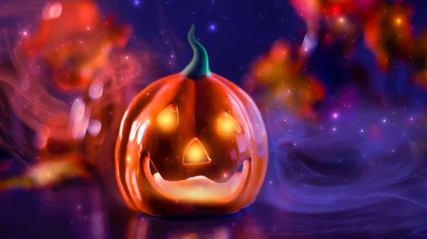 Neon Gloeiende Pompoen Hoofd Abstracte Wazig Bokeh Achtergrond Feestelijke Halloween — Stockfoto
