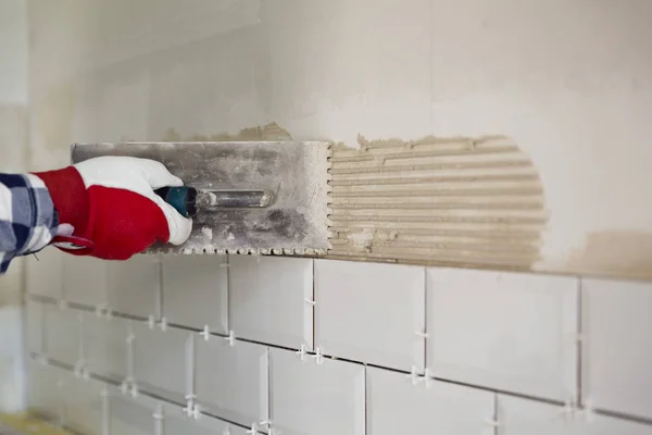 Processo Azulejos Cozinha Melhoria Casa Conceito Renovação — Fotografia de Stock