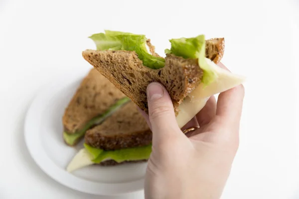 Sandwich Fromage Laitue Main Sandwich Entier Sur Assiette Blanche Déjeuner — Photo