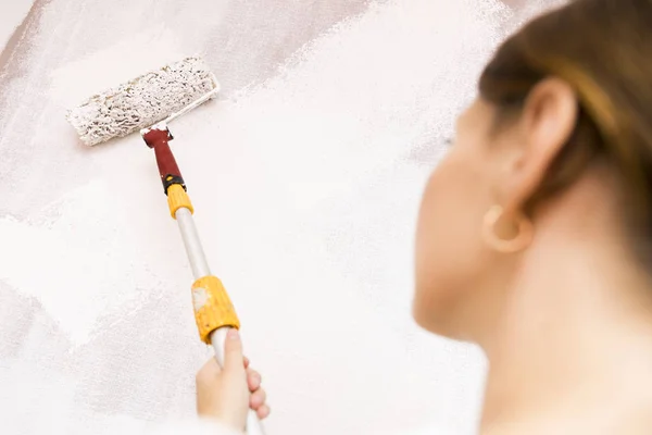 Home Improvement Beautiful Woman Painting Wall Paint Roller — Stock Photo, Image