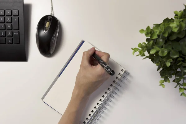 在笔记本上写字的女人的手 现代灰色写字台 写作概念 — 图库照片