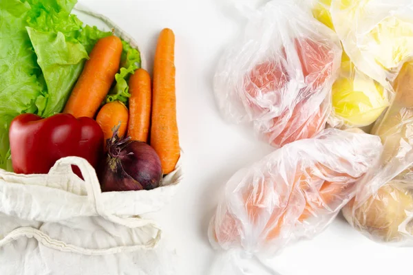 Noll Avfall Koncept Grönsaker Vävd Väska Vävd Väska Plastpåsar — Stockfoto