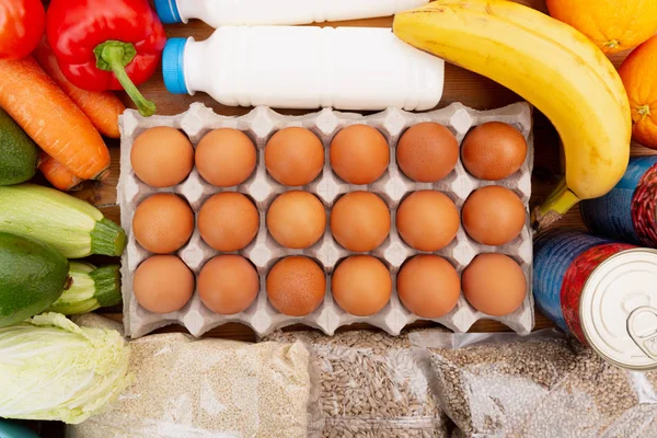 Продукты Деревянном Фоне Овощи Яйца Другие Продукты Питания Вид Сверху — стоковое фото