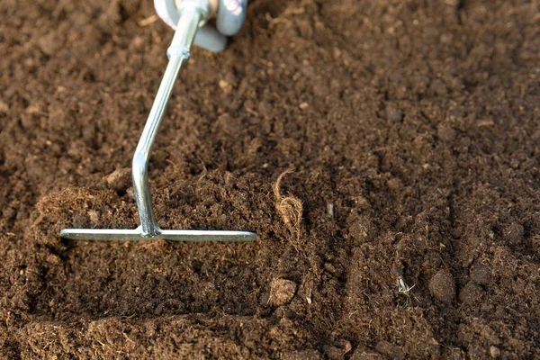 Main de jardinière femme creusant un trou dans le sol avec jardinage trop — Photo