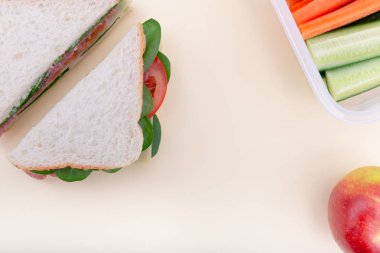 Sağlıklı beslenme çantasında sandviç yiyor.