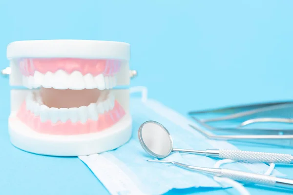 Modelo de dientes de ortodoncia y herramientas de dentista profesional en la ta — Foto de Stock