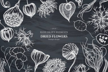 Tebeşir siyah Caraway, tüy çim, Helichrysum, Lotus, Lunaria, Physalis ile çiçek tasarımı