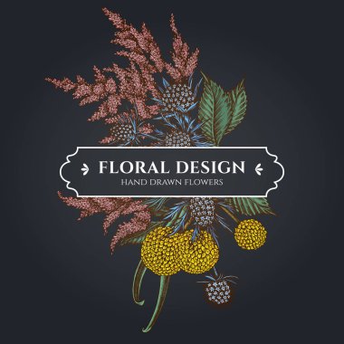 Floral bouquet dark design with astilbe, craspedia, blue eryngo clipart