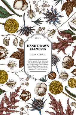 Renkli astilbe, craspedia, mavi eryngo, lagurus, pamuk, Gypsophila ile kart tasarımı