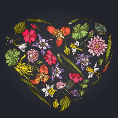 Ylang-Ylang, impatiens, Daffodil, tigridia, Lotus, hasekiküpesi ile karanlık arka planda kalp çiçek tasarımı