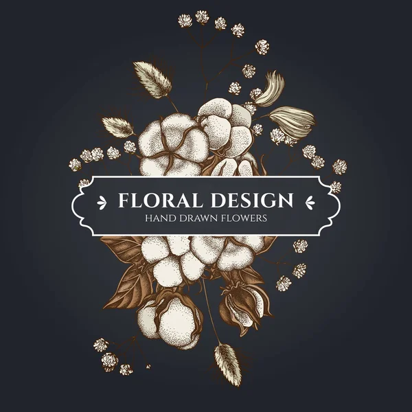 Floral bouquet dark design with lagurus, cotton, gypsophila — Stock Vector
