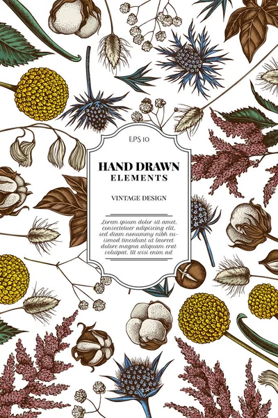 Renkli astilbe, craspedia, mavi eryngo, lagurus, pamuk, Gypsophila ile kart tasarımı