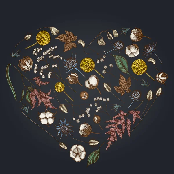 深色背景的心花卉设计,带阿蒂尔贝、克拉斯佩迪娅、蓝色红花、拉古鲁斯、棉花、吉普赛 — 图库矢量图片