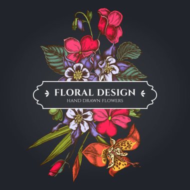 Floral bouquet dark design with impatiens, tigridia, aquilegia clipart