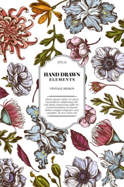 Renkli Japon krizsanthemum, böğürtlen zambak, okaliptüs çiçeği, Anemone, İris japonica, Sakura ile kart tasarımı