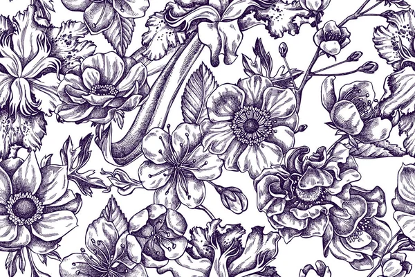 Patrón artístico con anémona, iris japonica, sakura — Archivo Imágenes Vectoriales