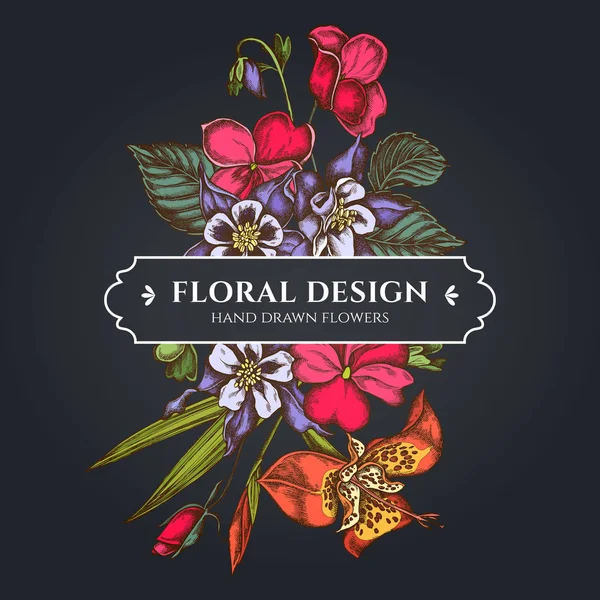 Ramo floral de diseño oscuro con impacientes, tigridia, aquilegia — Vector de stock