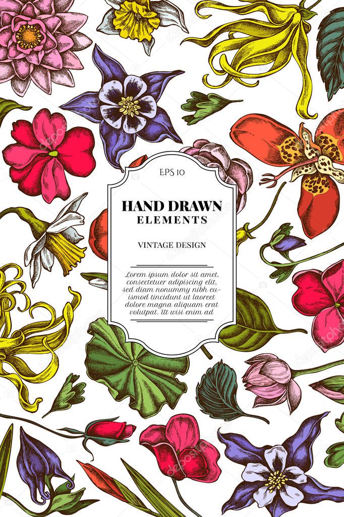 Card design with colored ylang-ylang, impatiens, daffodil, tigridia, lotus, aquilegia