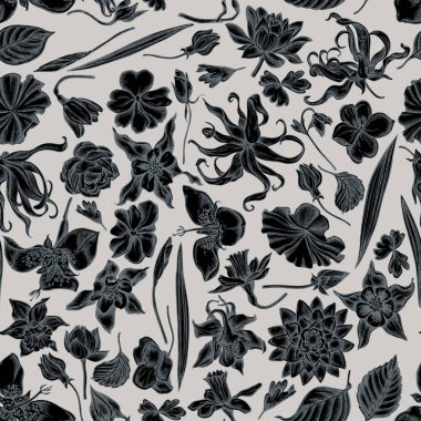 El çizilmiş stilize ylang-ylang, impatiens, Daffodil, tigridia, Lotus, hasekiküpesi ile Dikişsiz desen