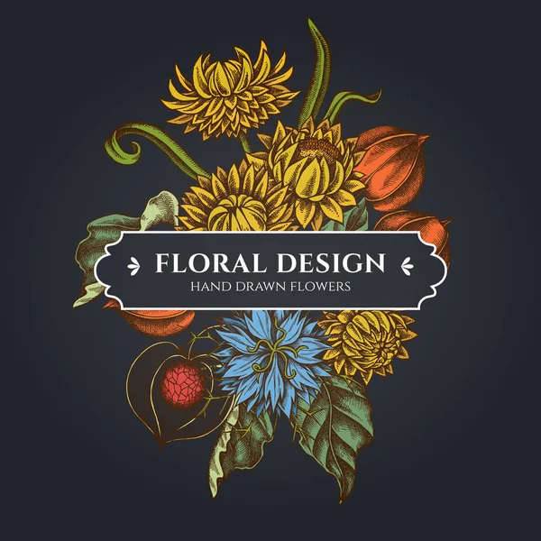 Ramo floral de diseño oscuro con alcaravea negra, helichrysum, physalis — Vector de stock