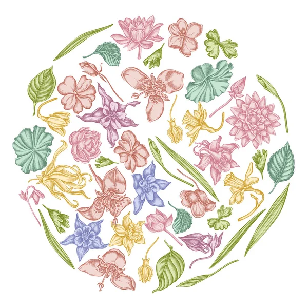 Pastel ylang-ylang, impatiens, Daffodil, tigridia, Lotus, hasekiküpesi ile yuvarlak çiçek tasarımı
