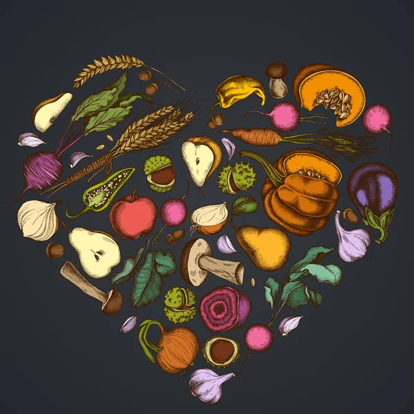 Дизайн серця на темному тлі з цибулею, часником, перцем, грибами, жолудям, житом, каштаном, редькою, яблуками, грушами, картоплею, буряком, морквою, гарбузом, баклажанами — стоковий вектор