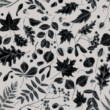 Elle çizilmiş stilize rowan, rowan, meşe palamudu, buckeye, eğrelti otu, akçaağaç, huş ağacı, akçaağaç yaprakları, lagurus ile dikişsiz desen
