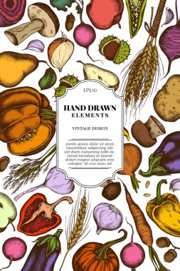 Renkli soğan, sarımsak, biber, mantar, palamut, çavdar, kestane, huş ağacı, turp, elma, armut, patates, pancar, havuç, kabak, patlıcan ile kart tasarımı