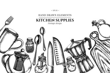 Siyah ve beyaz şefin bıçakları, çay kaşığı, kaşık, çatal, bıçak, kesme tahtası, yağ şişesi, çaydanlık, kahve demliği, şeker kasesi, biberlik, tuzluk.