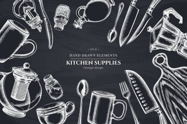 Tebeşir, çay kaşığı, kaşık, çatal, bıçak, kesme tahtası, yağ şişesi, çaydanlık, kahve demliği, fincanlar, şeker kasesi, biberlik, tuzluk...