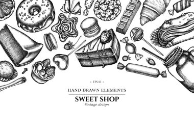 Siyah ve beyaz tarçınlı çiçek tasarımı, makarna, lolipop, bar, şeker, portakal, çörek ve ekmek, kruvasan ve ekmek, çilek, süt kutuları, smoothie cup, lolipop, füme kavanoz, cheesecake
