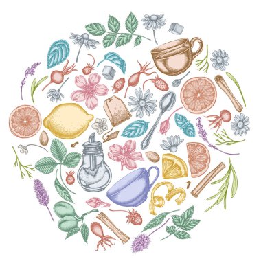 Pastel tarçın, limon, portakal, çay poşeti, şeker küpleri, kenevir, papatya, köpek gülü, nane, badem, çilek, çay kaşığı, çaydanlık, fincanlar, şeker kasesi