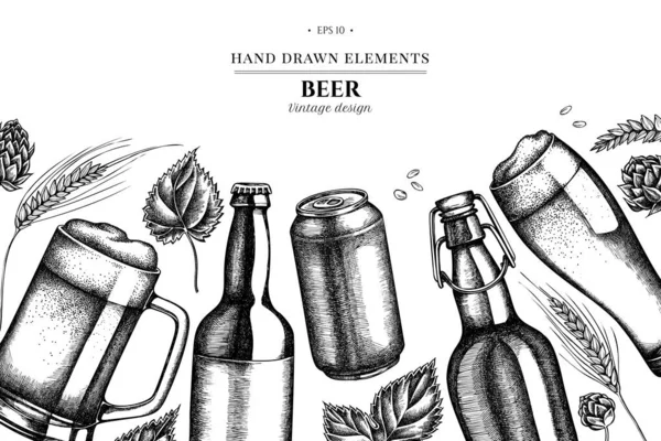 Diseño floral con centeno blanco y negro, lúpulo, taza de cerveza, botellas de cerveza, lata de aluminio — Vector de stock