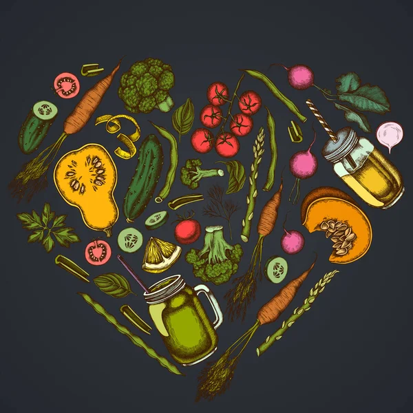 Квітковий дизайн серця на темному фоні з лимонами, брокколі, редькою, зеленою квасолею, вишневими помідорами, буряком, зеленню, морквою, базиліком, гарбузом, гладкою чашкою, баночками для сміху, огірком, селерою — стоковий вектор