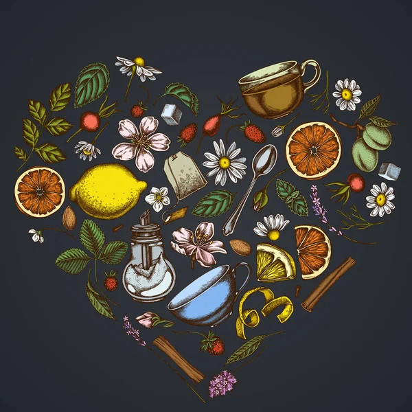 Heart floral design on dark background with cinnamon, lemons, oranges, tea bag, sugar cubes, heather, chamomile, dog rose, peppermint, almond, strawberry, teaspoon, teapots, cups, sugar bowl — Stock Vector