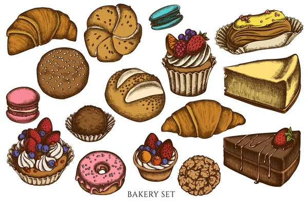 Διάνυσμα σετ χειροποίητα χρωματιστά μακαρόν, ψωμάκια και ψωμί, κρουασάν και ψωμί, cheesecake, eclair, cupcake, κέικ, ντόνατ, μπισκότο, τρούφα, κέικ, tartlet — Διανυσματικό Αρχείο