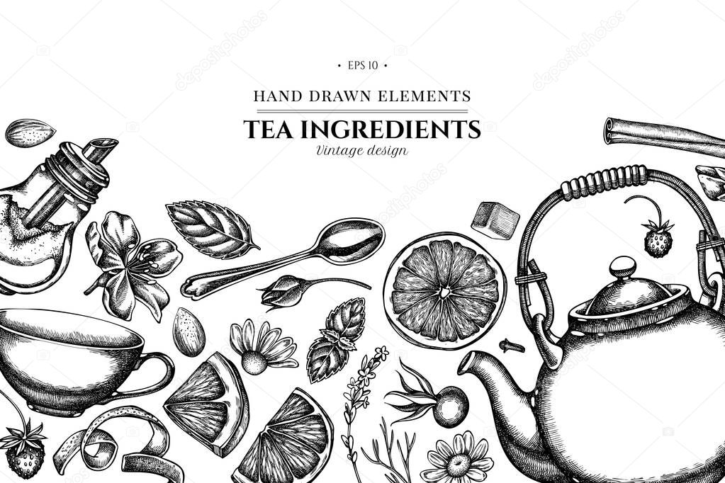 Floral design with black and white cinnamon, lemons, oranges, tea bag, sugar cubes, heather, chamomile, dog rose, peppermint, almond, strawberry, teaspoon, teapots, cups, sugar bowl