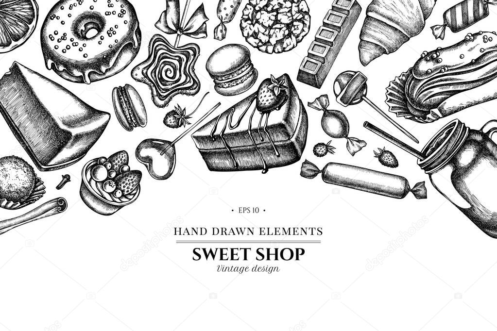 Floral design with black and white cinnamon, macaron, lollipop, bar, candies, oranges, buns and bread, croissants and bread, strawberry, milk boxes, smoothie cup, lollipop, smothie jars, cheesecake