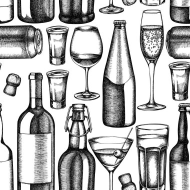 Seamless pattern with black and white glass, champagne, mug of beer, alcohol shot, bottles of beer, bottle of wine, glass of champagne, glass of wine, glass of martini, aluminum can clipart