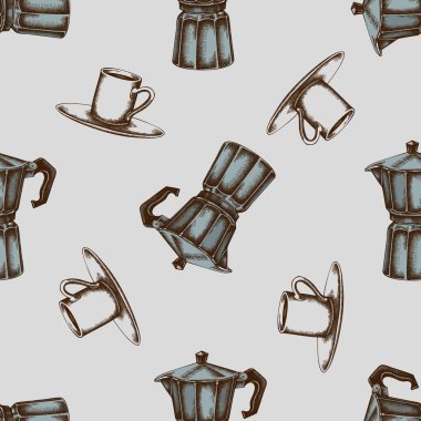 Kusursuz desenli, elle çizilmiş espresso fincanı, kahve demliği.
