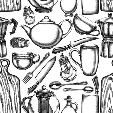 Siyah ve beyaz şeflerin bıçakları, çay kaşığı, kaşığı, çatal, bıçak, kesme tahtası, yağ şişesi, çaydanlık, kahve demliği, şeker kasesi, biberlik, tuzluk.